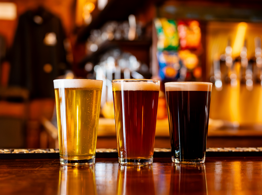 OBP three beers on a wood bar